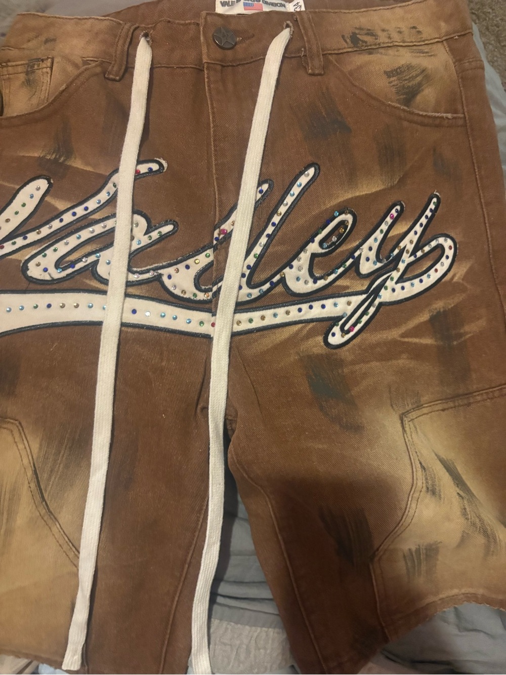 Men's Rust Brown Jean Shorts with Embellished Script